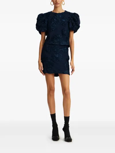 Rotate Birger Christensen Floral-embellished Puff-sleeve Top In Blue