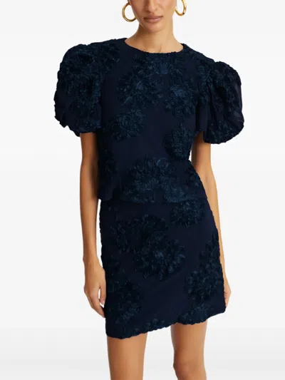 Rotate Birger Christensen Floral-embellished Puff-sleeve Top In Blue