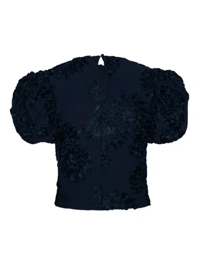Rotate Birger Christensen Floral-embellished Puff-sleeve Top In Blue