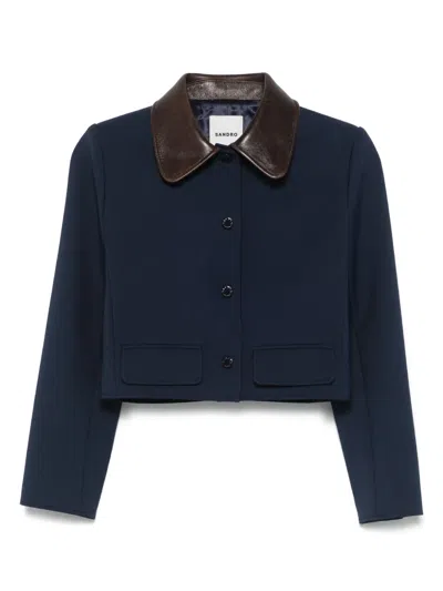 Sandro Womens Contrast-collar Cropped Stretch-woven Jacket Navy Blue In Blue