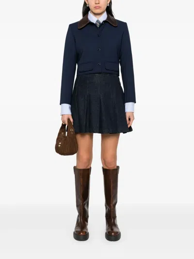 Sandro Womens Contrast-collar Cropped Stretch-woven Jacket Navy Blue In Blue