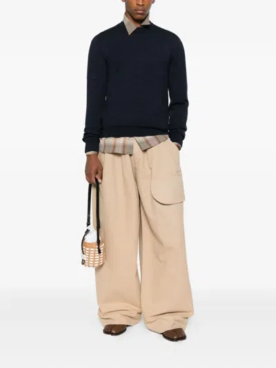 Maison Margiela Classic Crew Neck Sweater With Suede Elbow Patches In Blue