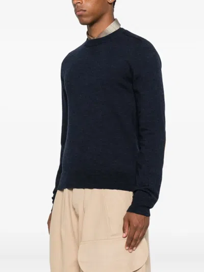 Maison Margiela Classic Crew Neck Sweater With Suede Elbow Patches In Blue