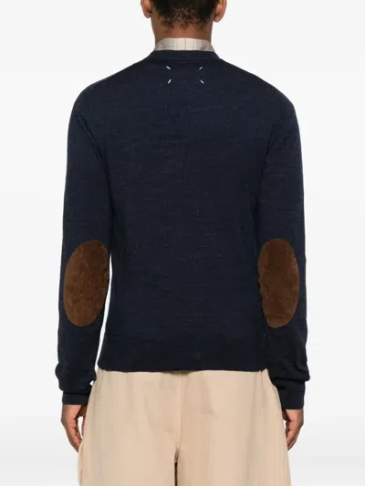 Maison Margiela Classic Crew Neck Sweater With Suede Elbow Patches In Blue