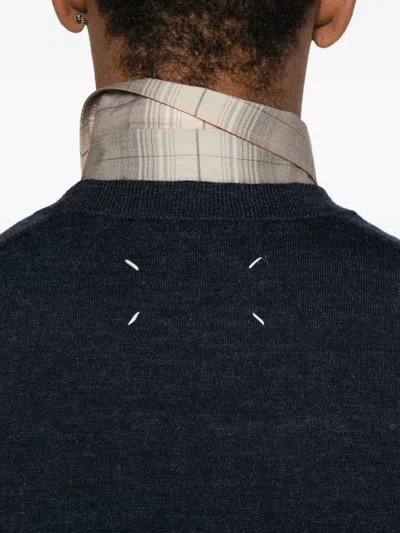 Maison Margiela Classic Crew Neck Sweater With Suede Elbow Patches In Blue