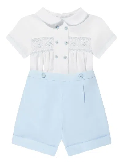Sarah Louise Smocking-detail Peter Pan Collar Shorts Set In Blue