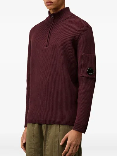 C.p. Company Ribbed Half-zip Sweater In Burgundy