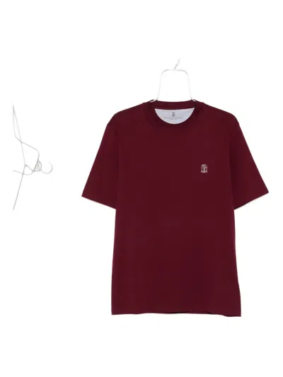 Brunello Cucinelli Men Jersey T-shirt With Logo In Burgundy