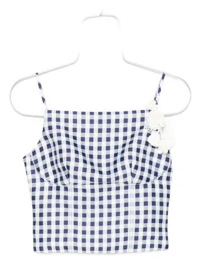 Self-portrait Gingham Floral-embellished Top In Blue