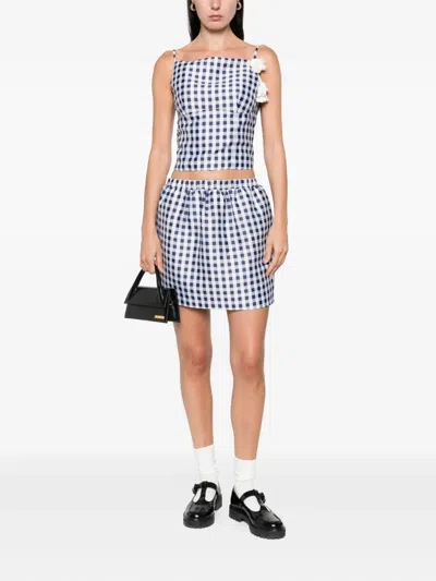 Self-portrait Gingham Floral-embellished Top In Blue