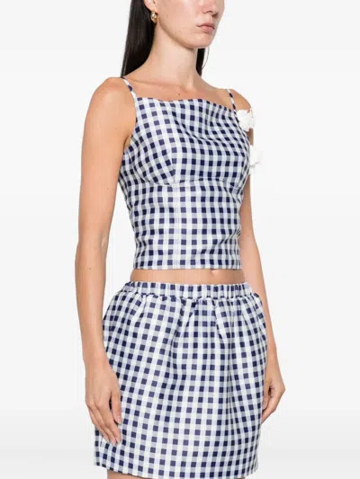 Self-portrait Gingham Floral-embellished Top In Blue