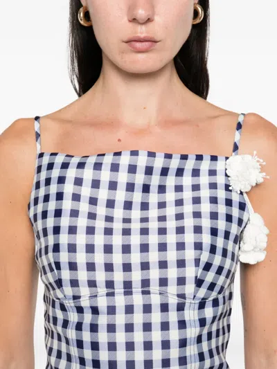 Self-portrait Gingham Floral-embellished Top In Blue