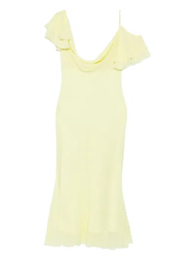 Self-portrait Light Yellow Ruffled Midi Dress With Draped Neckline In Yellow
