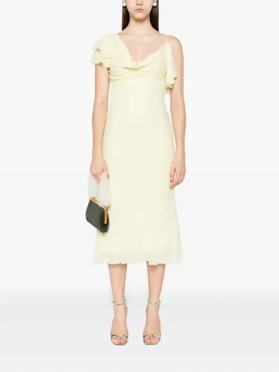 Self-portrait Light Yellow Ruffled Midi Dress With Draped Neckline In Yellow