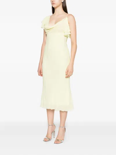 Self-portrait Light Yellow Ruffled Midi Dress With Draped Neckline In Yellow