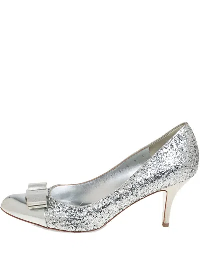 Pre-owned Ferragamo 95mm Carla Glitter Bow Pumps
