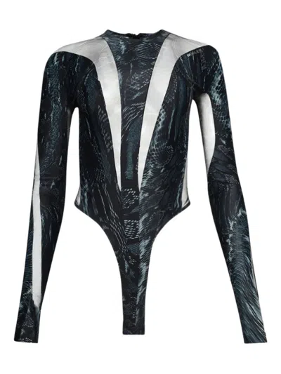 Mugler Snake-print Mesh Bodysuit In Gray