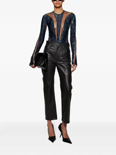 Mugler Snake-print Mesh Bodysuit In Gray