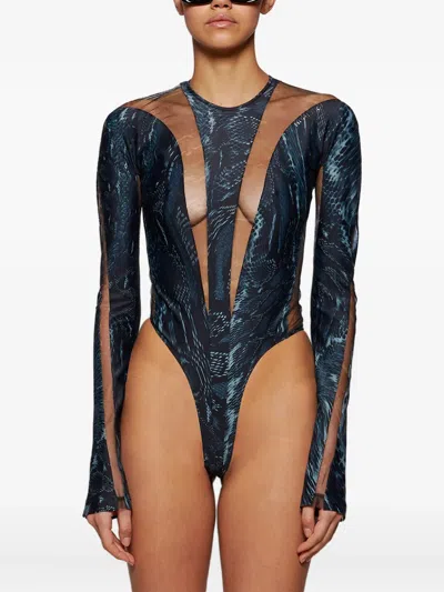 Mugler Snake-print Mesh Bodysuit In Gray