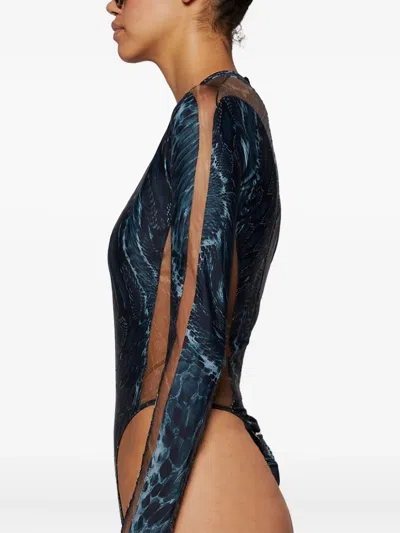 Mugler Snake-print Mesh Bodysuit In Gray