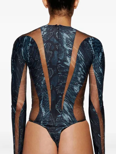 Mugler Snake-print Mesh Bodysuit In Gray