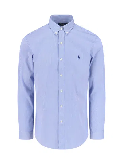 Polo Ralph Lauren Box-pleat Blue Stretch-cotton Poplin Shirt With Embroidered Logo
