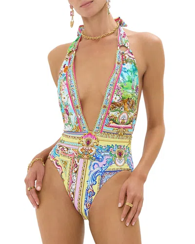 Camilla Plunge Halter One Piece Swimsuit In Multi