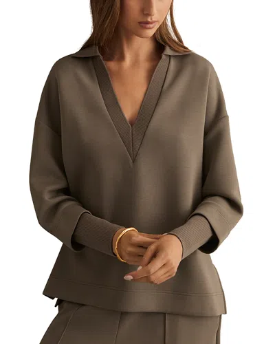 Reiss Womens Khaki Green Bernie Open-collar Relaxed-fit Stretch-woven Jumper In Multi