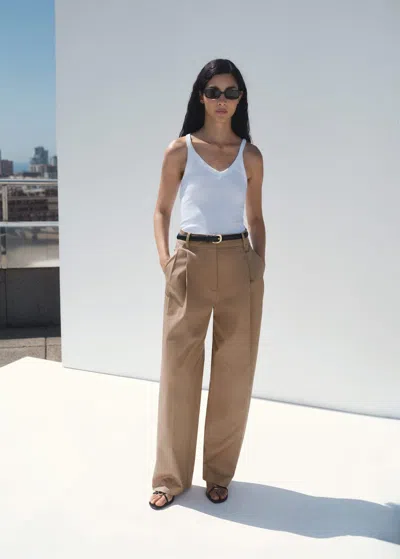 Mango Straight Cotton Trousers With Pleats Beige