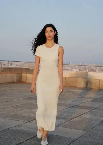 Mango Ribbed Dress With Asymmetrical Sleeves White In Neutral