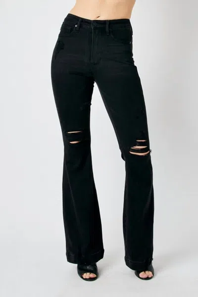 Judy Blue High Waist Tummy Control Destroy Flare Jean In Black In Blue