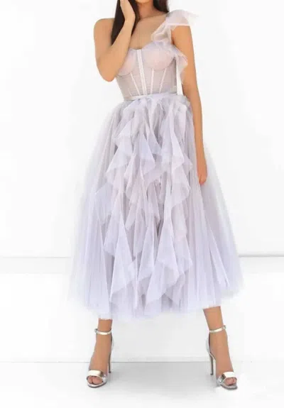 Tarik Ediz Tulle Ruffled Draped Tea Length Dress In Lilac Blue In Blue