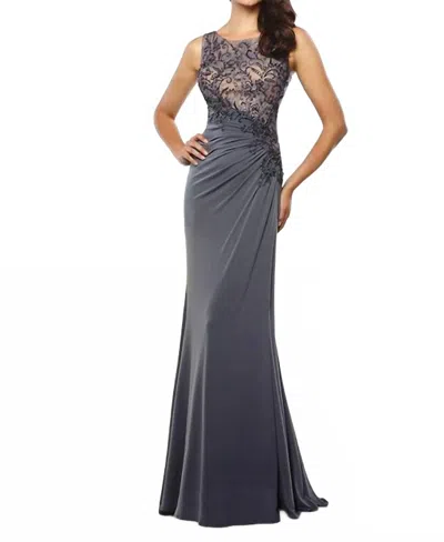 Montage By Mon Cheri Sleeveless Jersey And Lace Gown In Pewter/nude