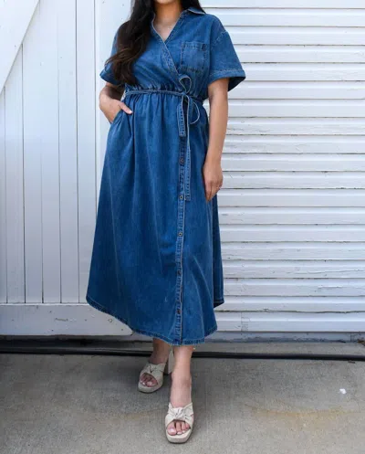 Miou Muse Asymmetric Button Detail Denim Shirt Dress In Blue In Blue