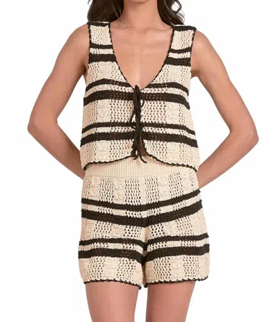 Elan Crochet Vest And Short Set In Natural Black Stripe