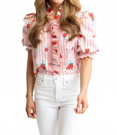 Karlie Stripe Poppy Ruffle Button Up Top In Pink In Pink
