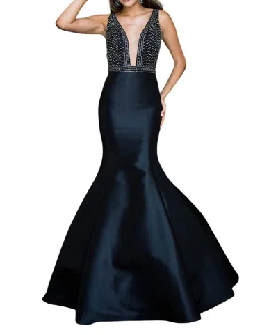 Vienna Prom Beaded Plunging Neckline Mermaid Gown In Black