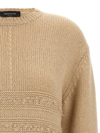 Fabiana Filippi Textured Knit Camel Sweater With Ribbed Edges In Brown