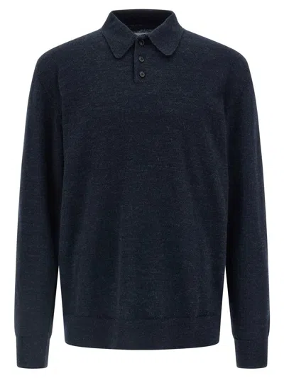 Maison Margiela Knitwear With Buttoned Collar And Elbow Patches In Blue