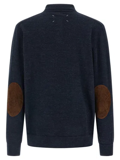 Maison Margiela Knitwear With Buttoned Collar And Elbow Patches In Blue