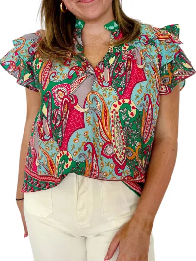 Joy Joy Aelia Flutter Sleeves Top In Green In Multi