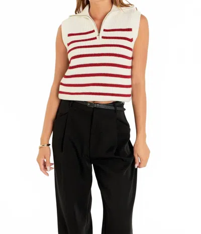 English Factory Stripe Sleeveless Quarter Zip Sweater In White