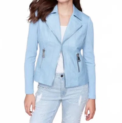 Charlie B Vintage Faux Leather And Rib Knit Jacket In Bluebell