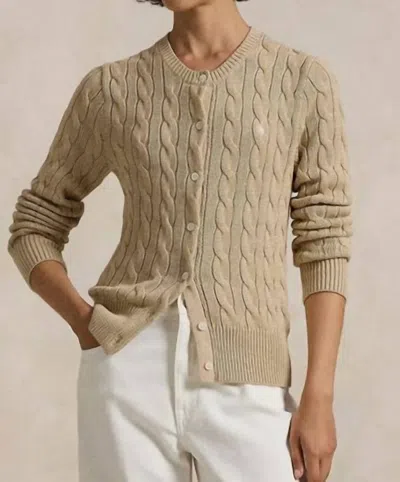 Polo Ralph Lauren Cable Knit Cotton Crew Neck Cardigan In Light Saddle Heather
