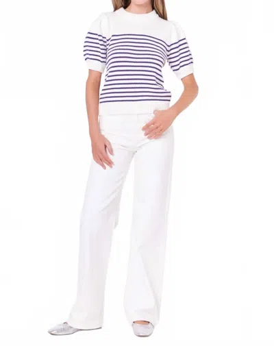 English Factory Stripe Short Puff Sleeve Sweater In Purple And White In White