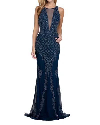 Scala Embellished Plunge Neck Evening Gown In Navy In Blue