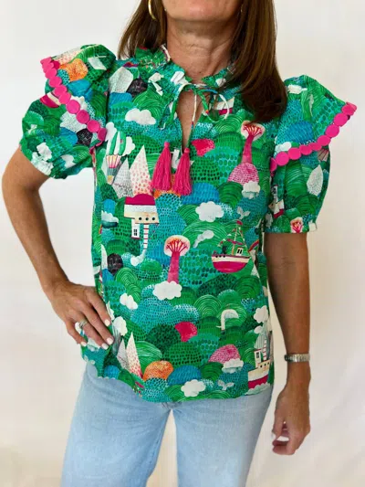 Joy Joy Ruffle Mock Neck Heather Top In Green In Green