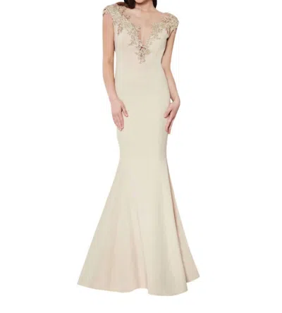 Saboroma Floral Applique Illusion Plunging Mermaid Gown In Beige