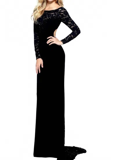 Sherri Hill Lace Long Sleeve Jersey Cut Out Back Maxi Dress In Black In Black