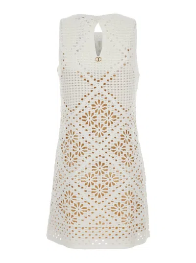 Twinset White Dress With Knitted Design And All-over Floral Embroidery In Cotton Woman